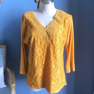 NWT Shannon Ford NY, Mustard/yellow lace, V neck 3/4 sleeves blouse size XL